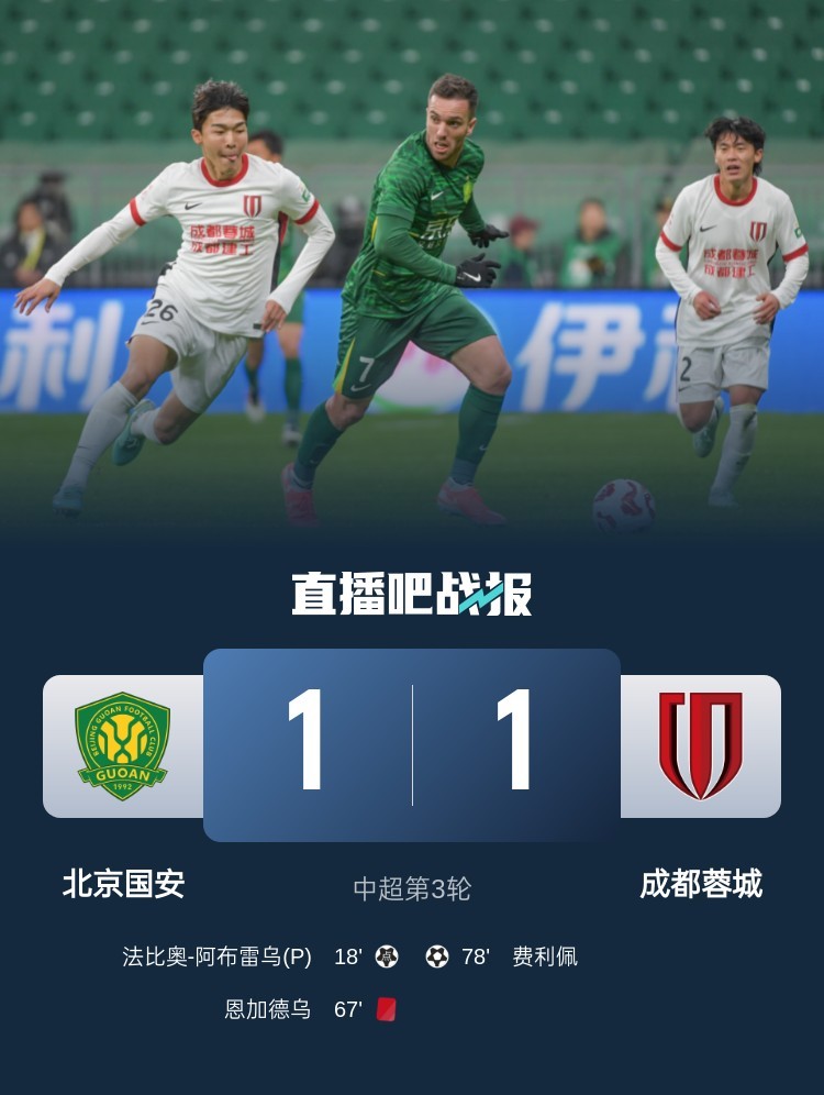 北京国安1-1战平成都蓉城，一场势均力敌的对决